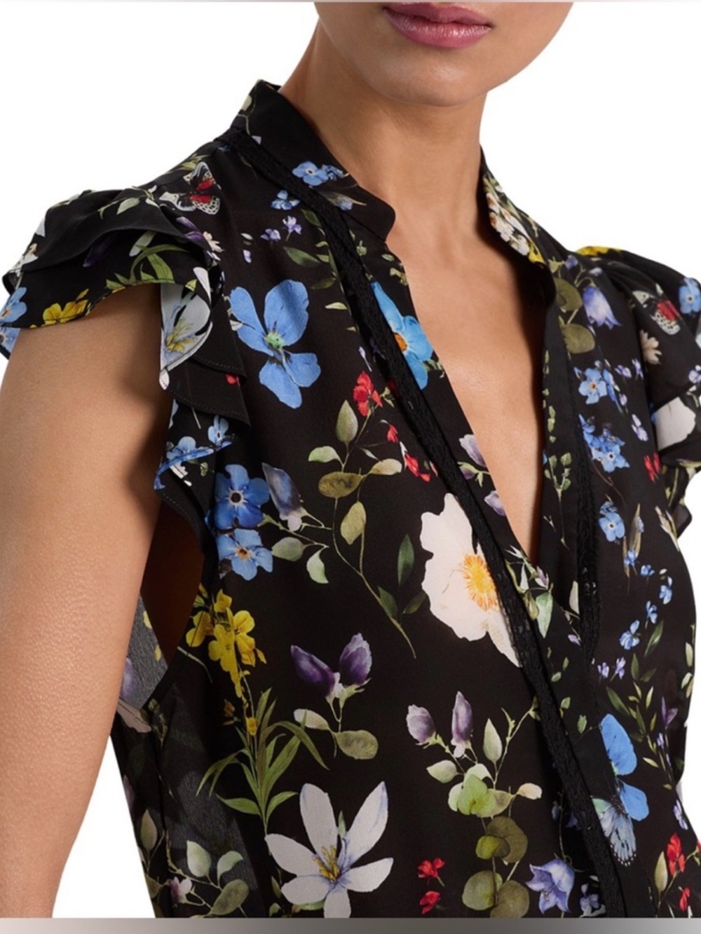 Alice + Olivia Arlette Flutter Sleeve Silk Top Butterfly Garden